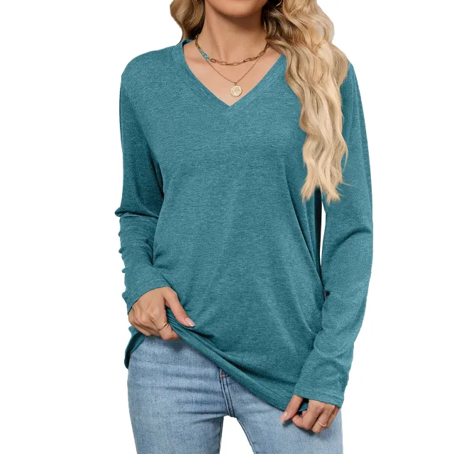 Leisure Pullover V neck Solid Color Loose Long Sleeves T shirt Top Peacock Blue - Shop at LoveMi
