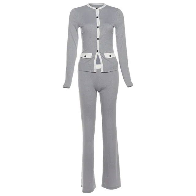 Women's Round Neck Button Contrast Color Suit Gray - Shop at LoveMi