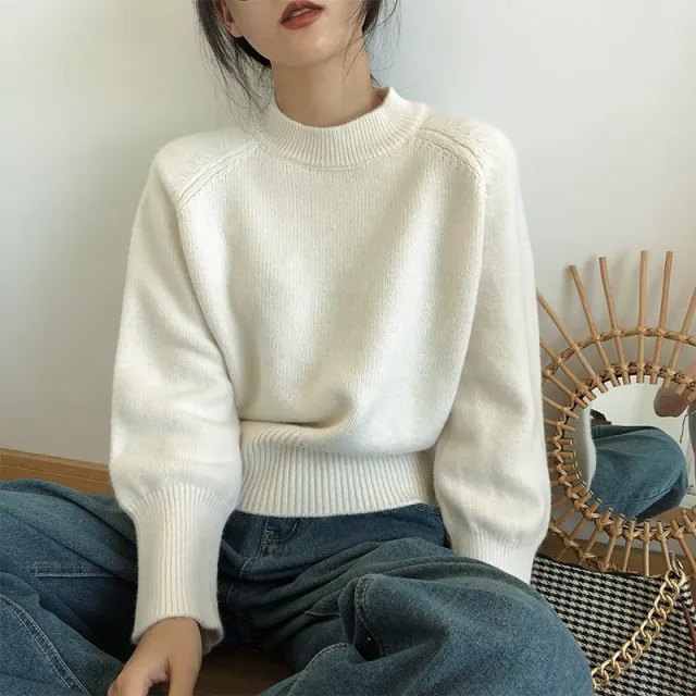 Round neck High Waist Sweater Women's Vintage Knitted Creamy White - Shop at LoveMi