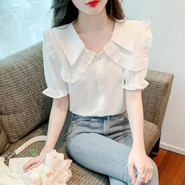 Double Doll Collar Short Sleeve Chiffon Shirt White - Shop at LoveMi