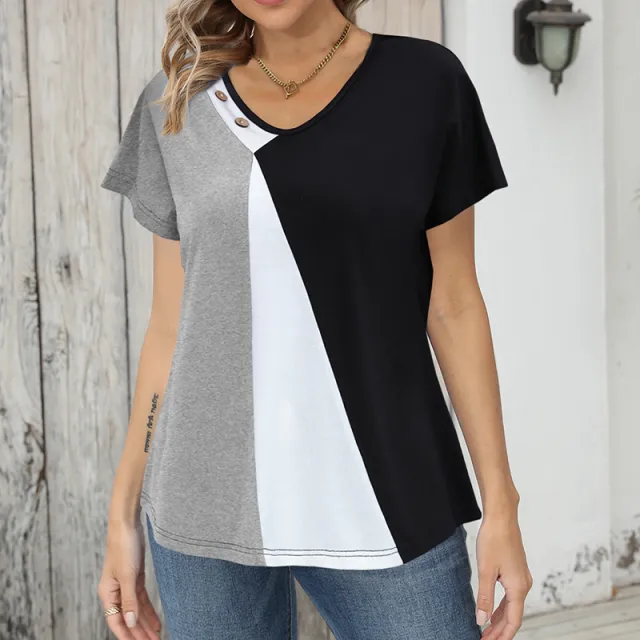 Women's Printing Color Contrast Loose Short sleeved T shirt Button Top Light Gray - Shop at LoveMi