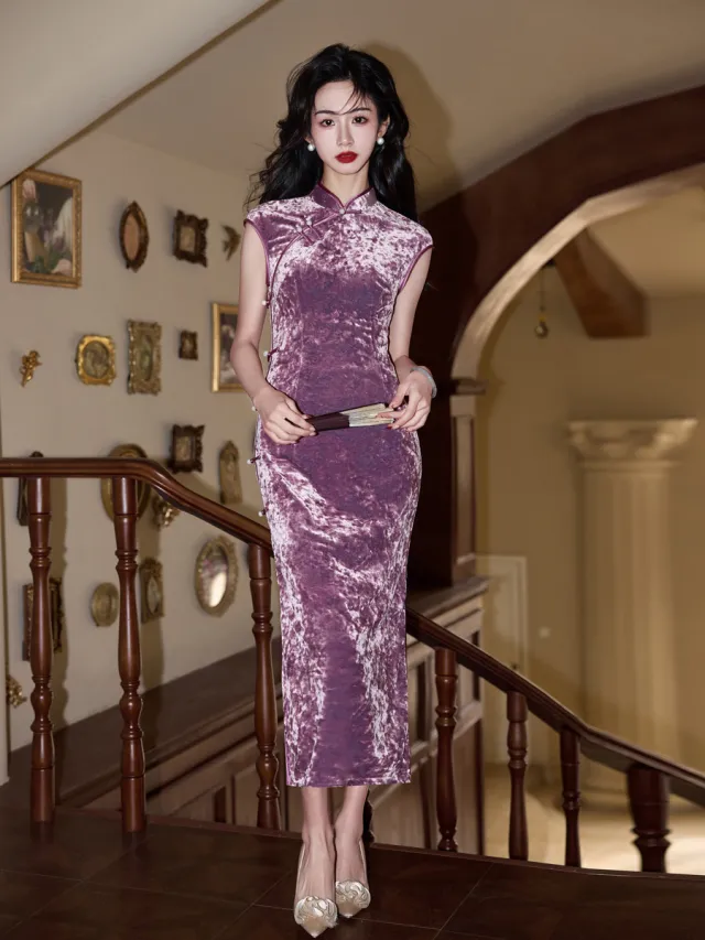 Chinese style Women's Daily Wear Slim Dress Velvet Purple - Shop at LoveMi