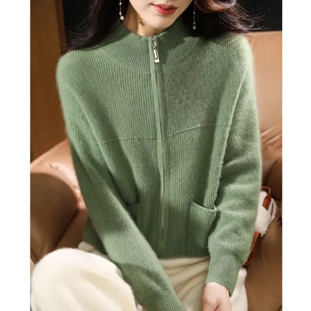 Cardigan Double Zipper Half Turtleneck Knitted Sweater Green - Shop at LoveMi