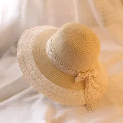 Hollow Lace Bow Fashion Seaside Holiday Bucket Hat - Beige - View 1