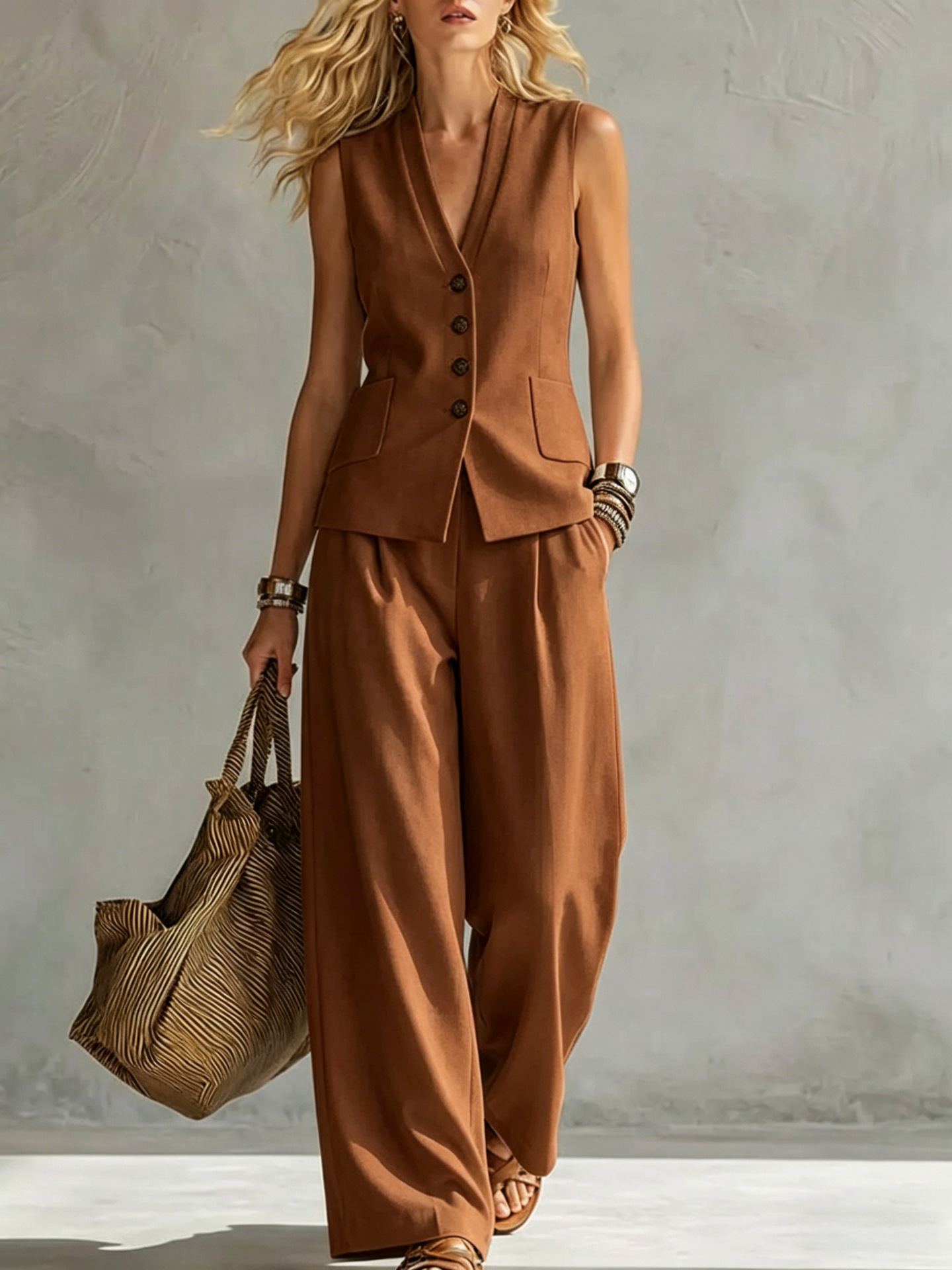 Womens Solid-Colored Sleeveless Casual Linen Tank Top And Pants Set 10