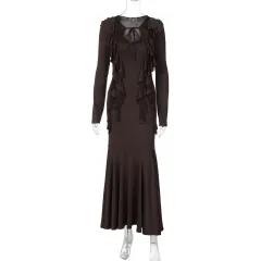 Ruffles Lace-up Long Sleeve Waist Dress - Brown - View 1