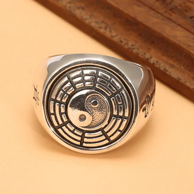 S925 Pure Silver Taoist Bagua White Tiger Retro Zodiac Tai Chi Ring Silver - Shop at LoveMi