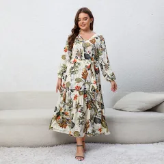 Printed V-neck Long Sleeve Floral Loose Big Hem Dress - Floral - View 1