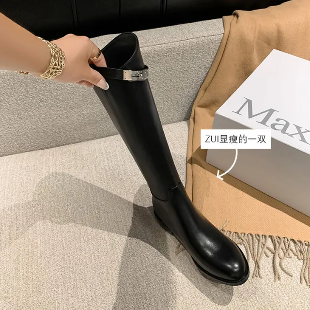 First Layer Cowhide Lock Knight Boots Big Tube Circumference Genuine Leather Below The Knee High Boots Black - Shop at LoveMi