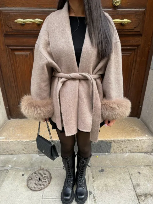 Furry Sleeves Overcoat Long Coat Brown - Shop at LoveMi