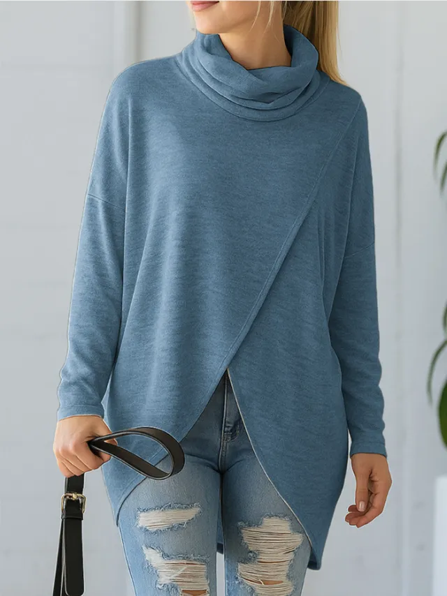 Casual, Relaxed fit, Fashionable Long sleeve Solid color Turtleneck Knit Top Blue - Shop at LoveMi