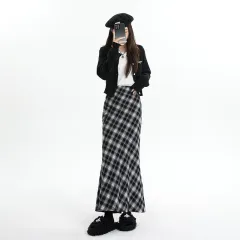 Slim Fit High Waist A- Line Skirt Sheath - Dark Blue Plaid - View 1