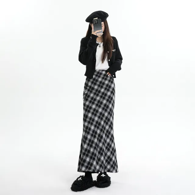 Slim Fit High Waist A Line Skirt Sheath Dark Blue Plaid - Shop at LoveMi