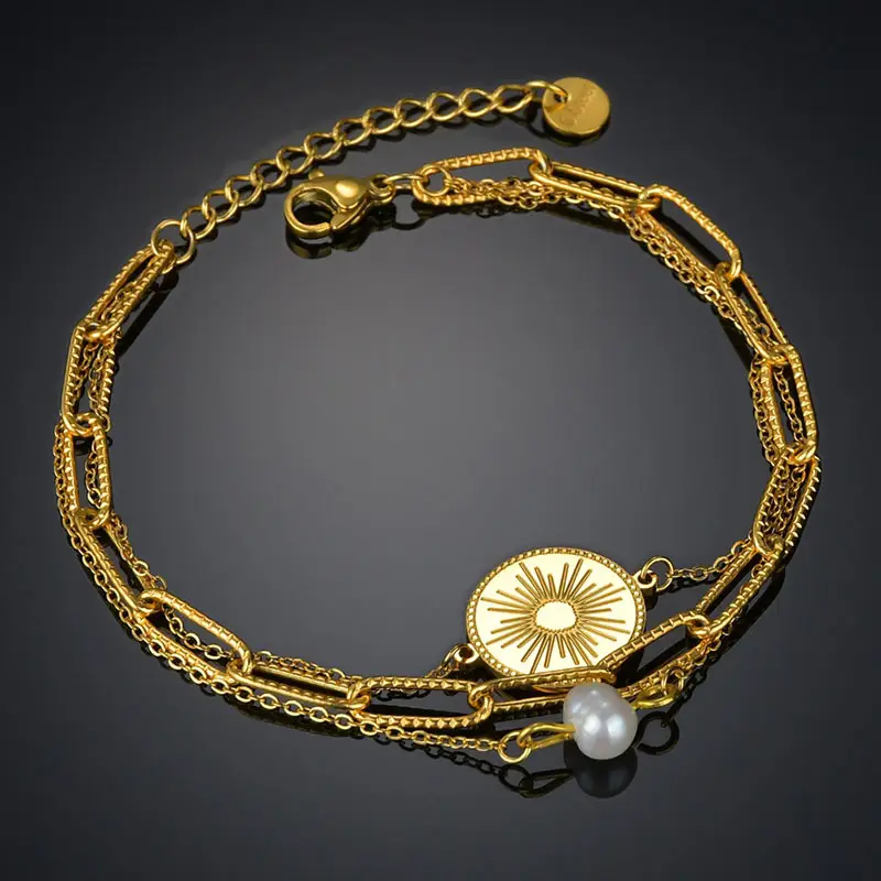 Titanium Steel 18K Gold Three-layer Dark Pattern Round Pearl Bracelet Ornament