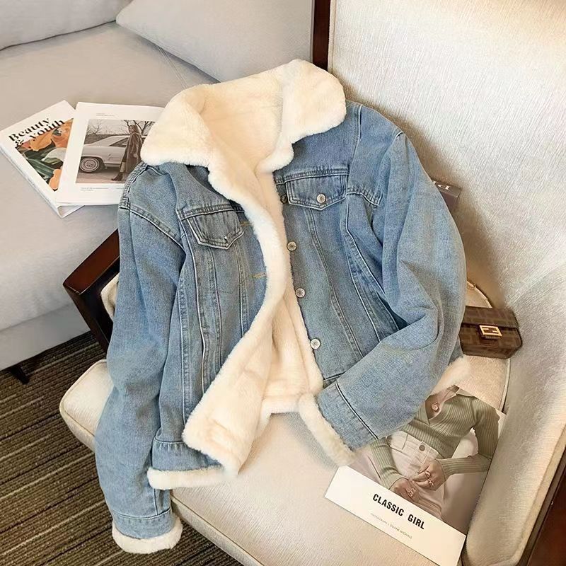 Women's Double sided Lamb Wool Plus Velvet Thick Loose Casual Cotton padded Jacket Blue - Shop at LoveMi