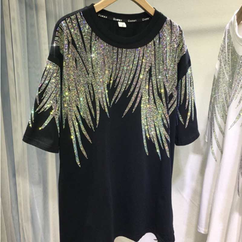 Heavy Embroidery Hot Drilling T-shirt Men's And Women's Mid-length Short Sleeve — image 1