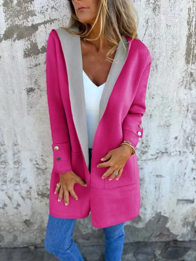 European And American Spring New Women's Clothing Casual Contrast Color Sweater Cardigan Hooded Coat Rose Red - Shop at LoveMi