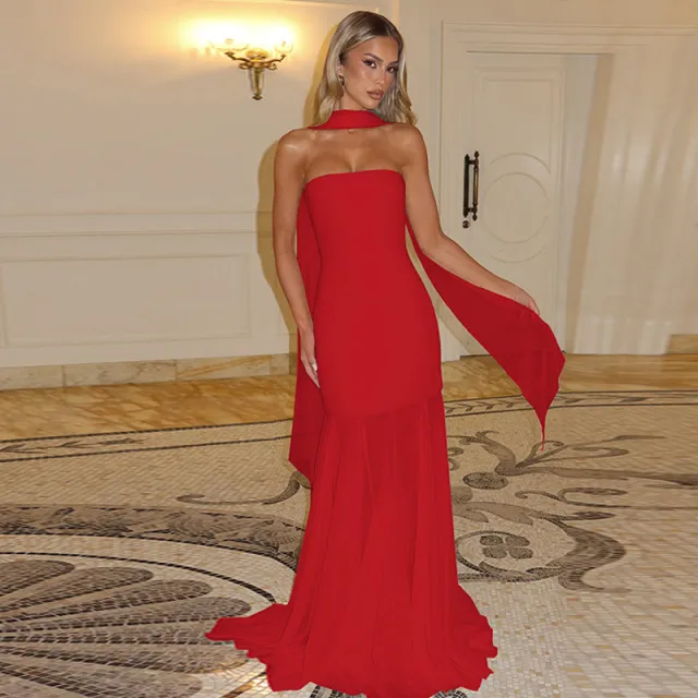 Mesh Spliced Strapless Evening Dress Long Gown Red - Shop at LoveMi