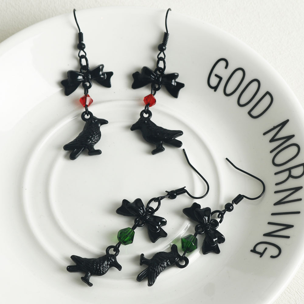 New Dark Gothic Black Bowknot Crow Earrings