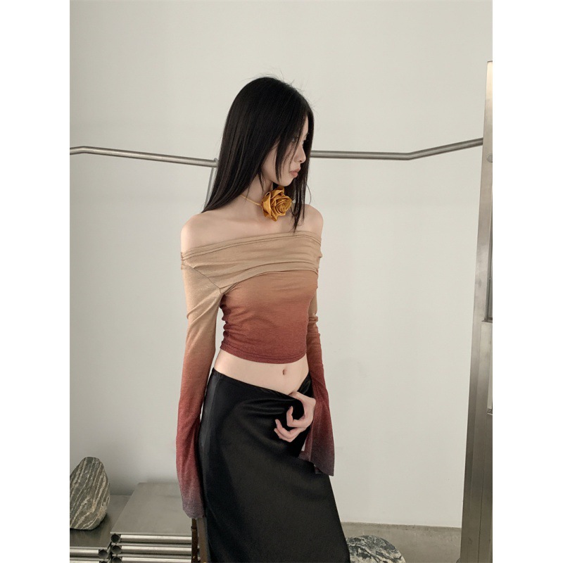 Gradient Color Pullover Knitting Off-shoulder Base Shirt