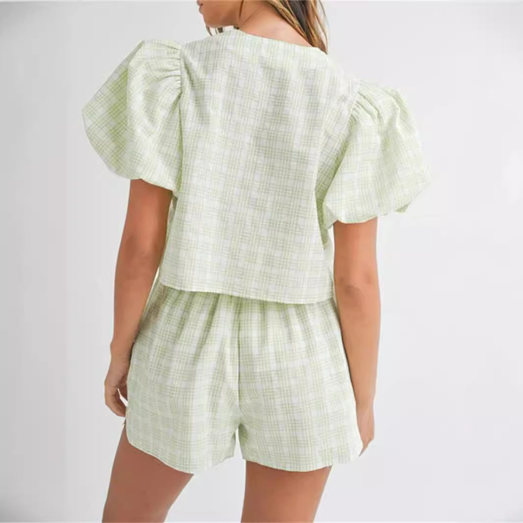 Temperament V-neck Lace-up Bow Puff Sleeve Top Casual Shorts Plaid Two-piece Set