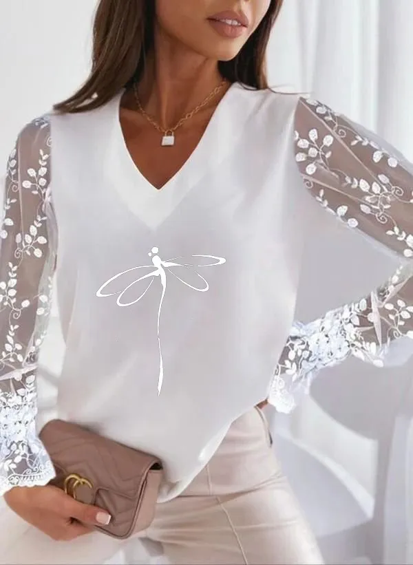 Dragonfly Printed V neck Lace Sleeve Sun Protection Women's T shirt Bottoming Shirt White Dragonfly White - Shop at LoveMi