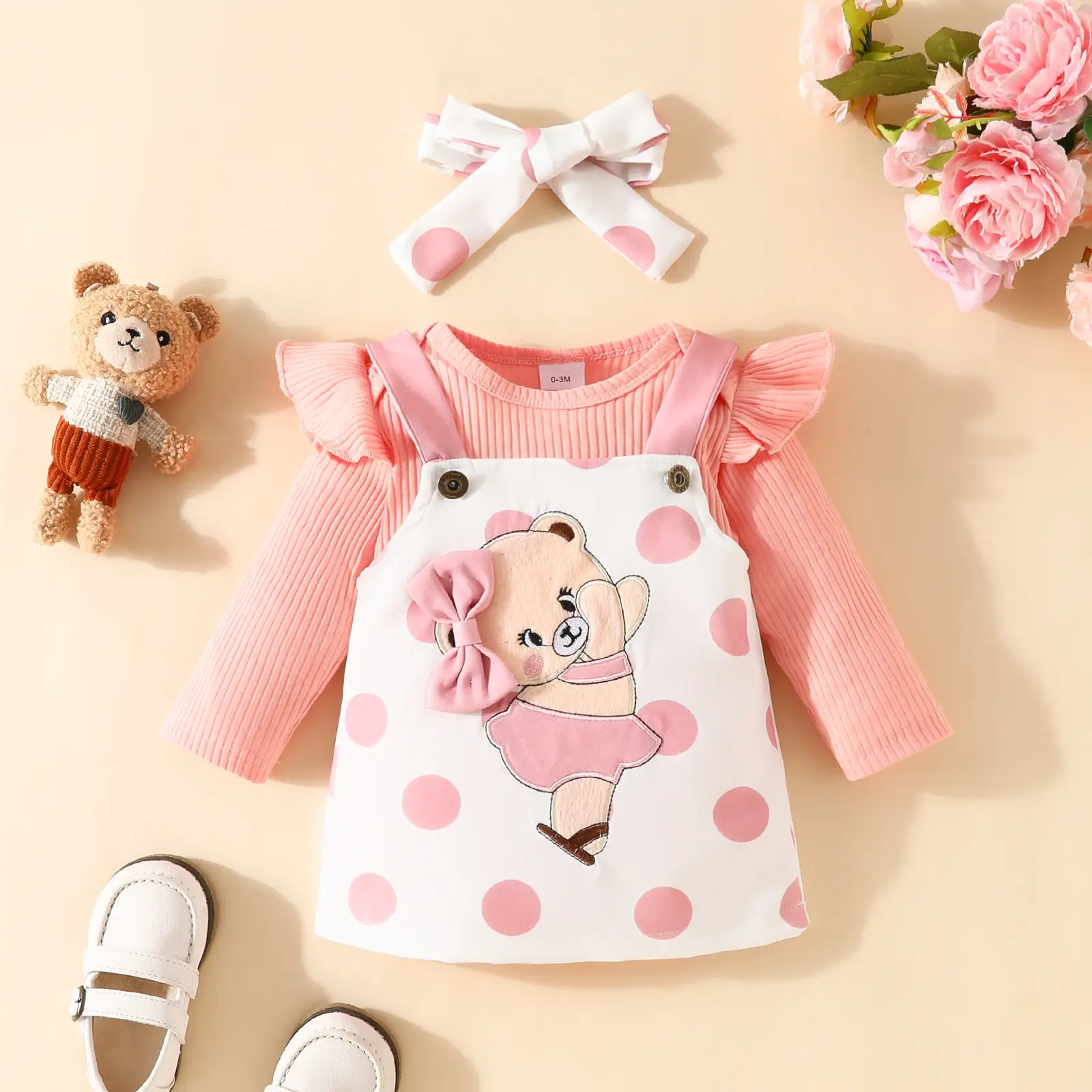 Baby Girl Long Sleeve Suspender Skirt Outfit Strap Cartoon Bear