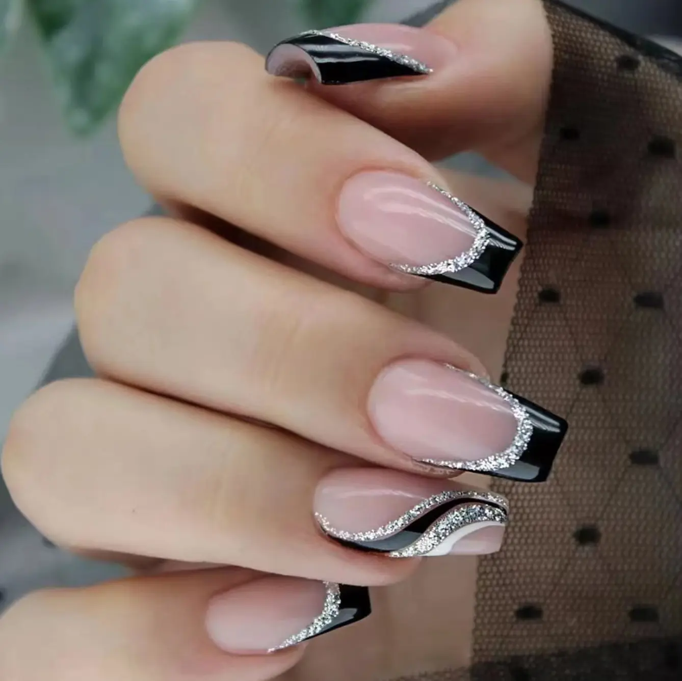 Long Square Black Glitter Lines Nail Sticker