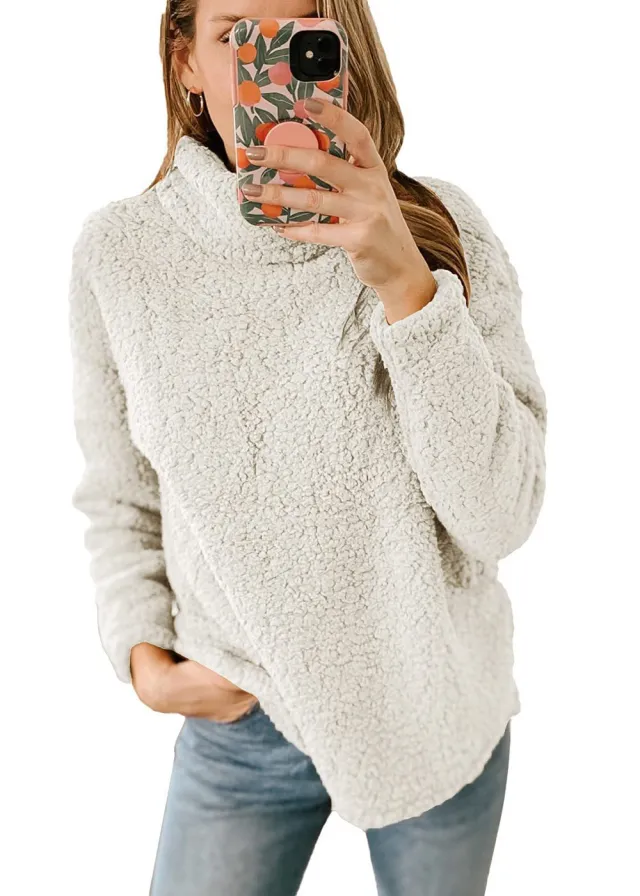 Women's Clothing New Furry Turtleneck Solid Color Hoodie Plush Top Women Cream - Shop at LoveMi