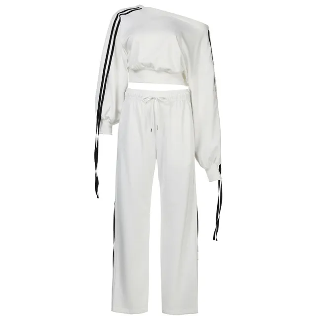 Fashion Casual Set Autumn And Winter Sports Two piece Ribbon Pullover Sweater High Waist Loose Trousers Suit - Shop at LoveMi