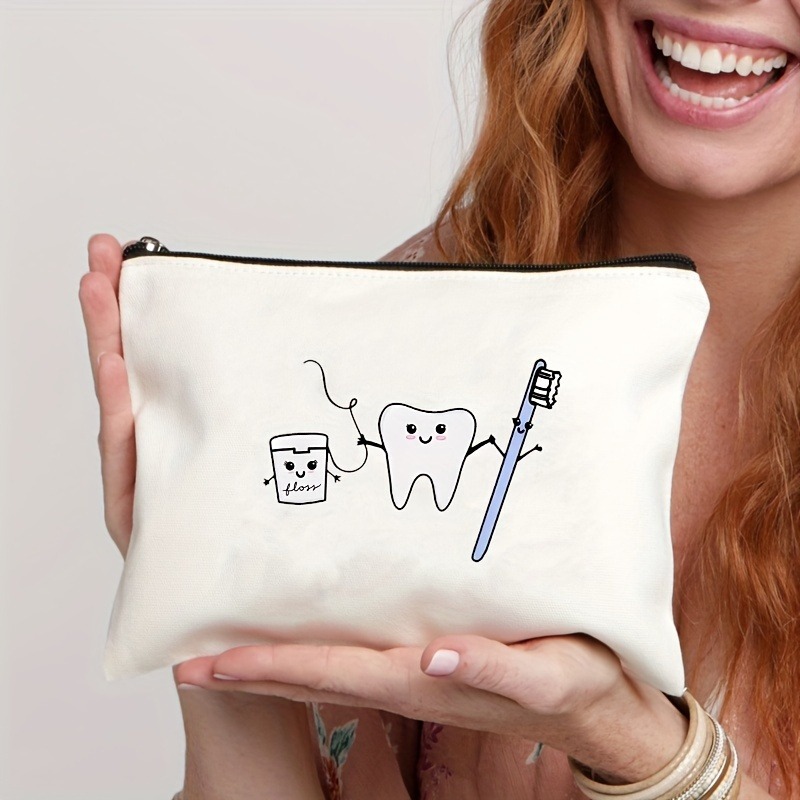 Tooth-patterned Canvas Zip Pouch For Kids Travel