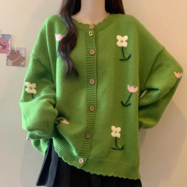 Idle Style Loose Youthful looking Embroidered Flower Knitted Cardigan Sweater Green - Shop at LoveMi