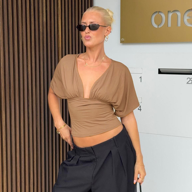 Women's Deep V-Neck High-Waist Panelled Drop Shoulder Short-Sleeve Top