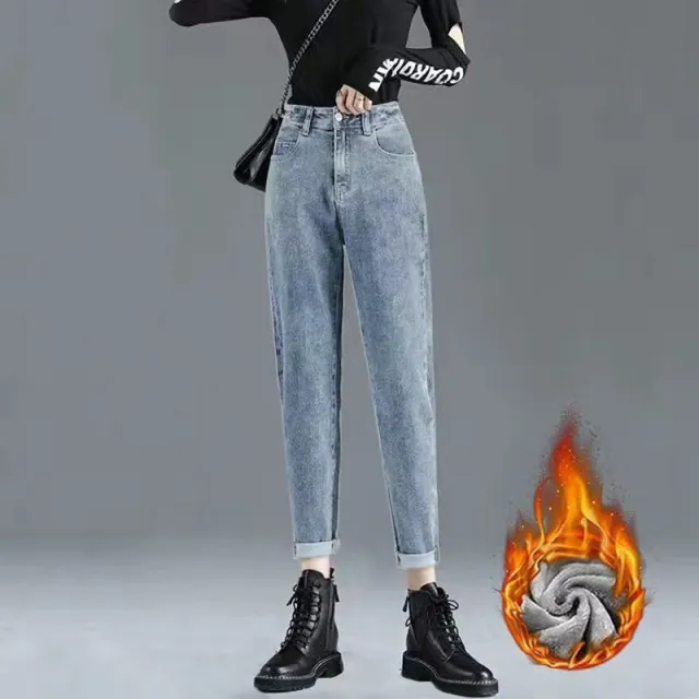 Women's Fashion Simple High Waist Cropped Jeans Light Blue Fleece Lined Style - Shop at LoveMi