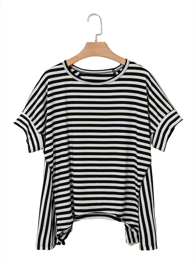 Round Neck Short Sleeve Pullover All matching Striped Printed T shirt Black - Shop at LoveMi
