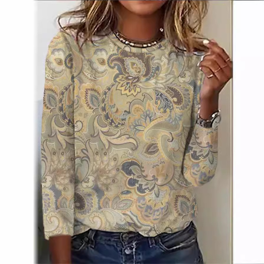 Comfortable Casual And Relaxed-fit With A 3D Print Cozy Sporty Long-sleeve Crew-neck T-shirt