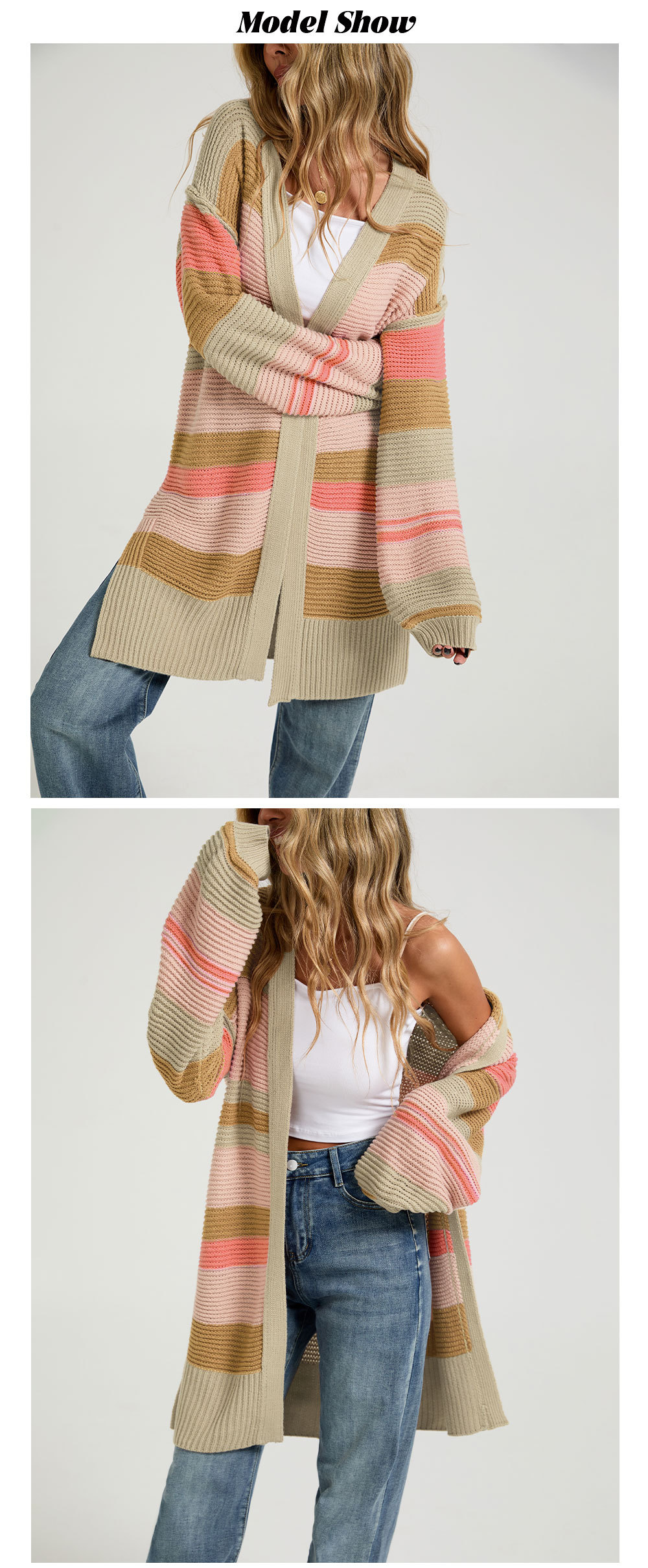 Knit cardigan coat color-block stripe detail