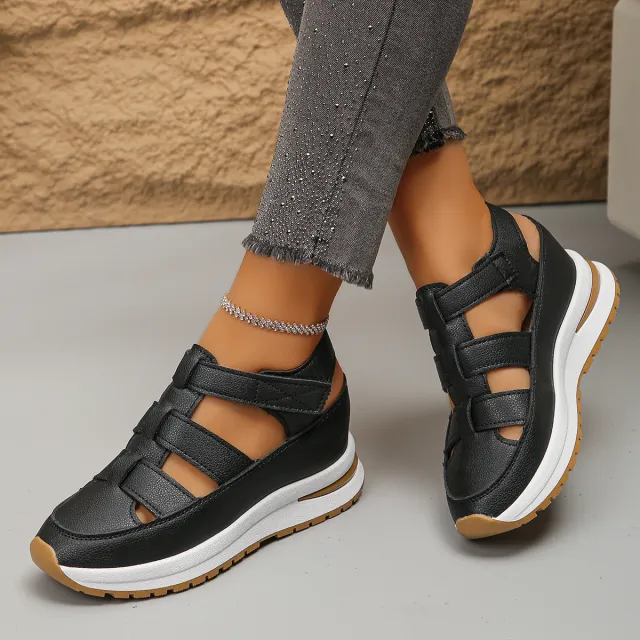 Wedge Sandals Closed Toe Hollow Breathable Thick Bottom Velcro Women Black - Shop at LoveMi