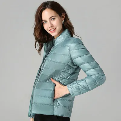 Short Light And Thick Thermal Slim Fit White Duck Down Fashionable Jacket Pea Green Stand Collar - Shop at LoveMi