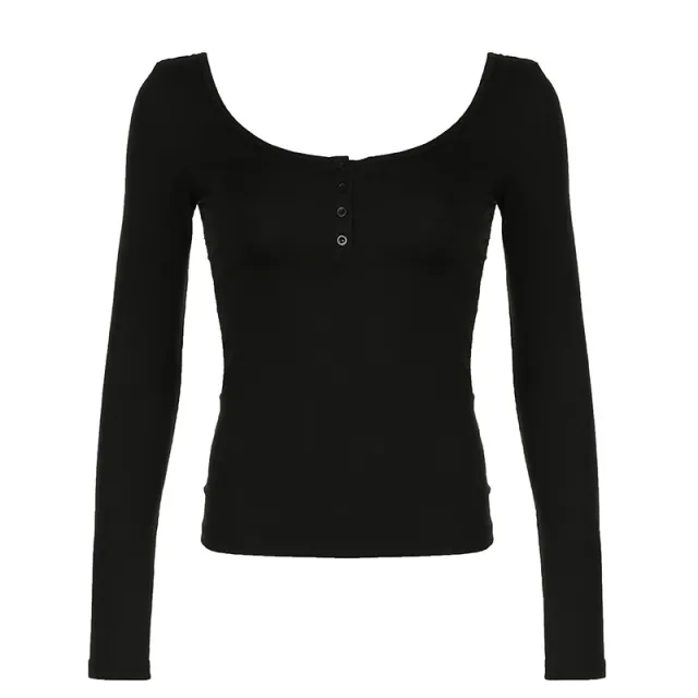Solid color U neck Partially Open button Slim fit Base Top Black - Shop at LoveMi