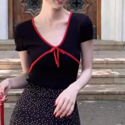 Bow Color Matching Top Women's Girl Slim Fit Short V neck Short Sleeve Black - Shop at LoveMi