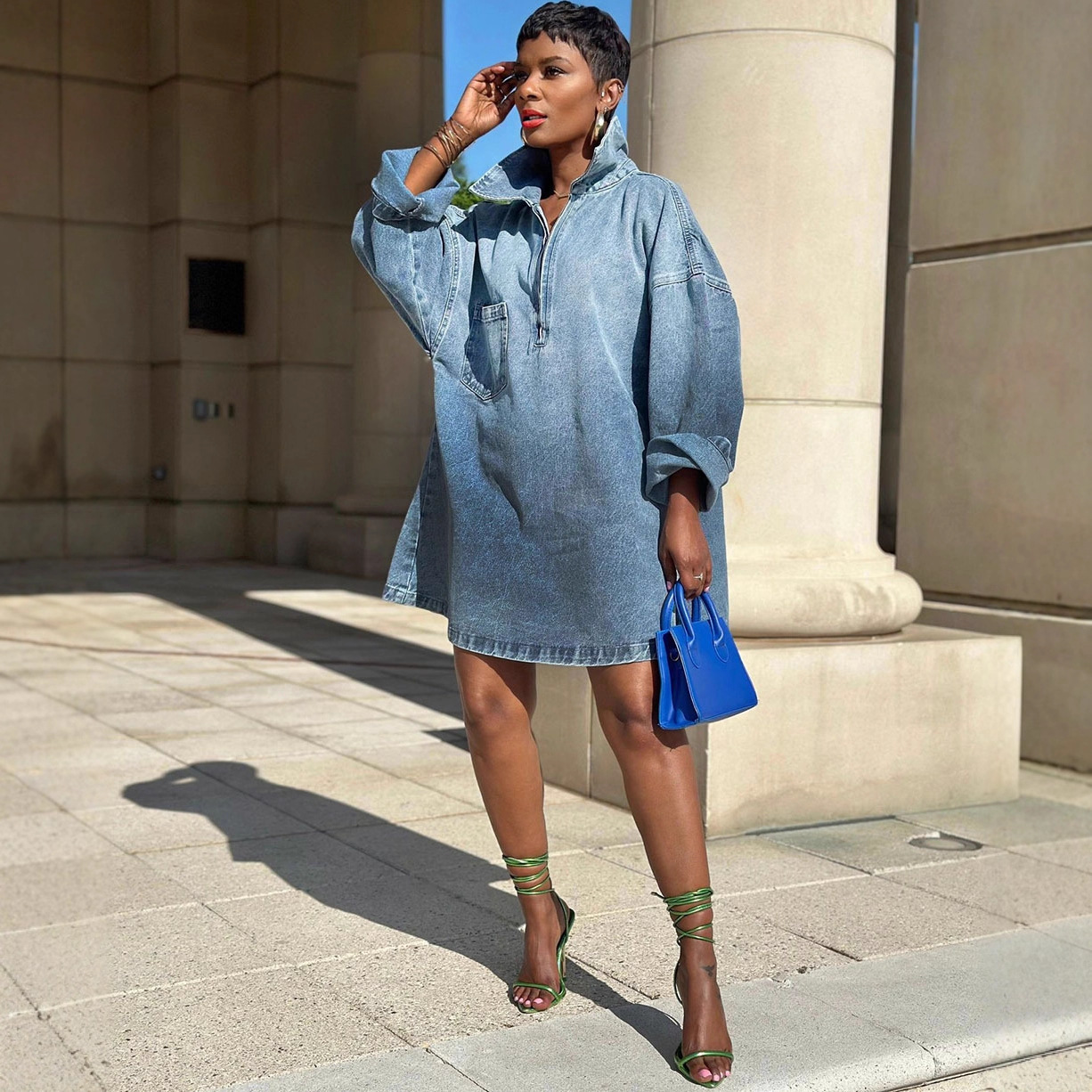 Womens Relaxed-Style Fashionable Denim Skirt With Notch Lapel Ombre Long Sleeves