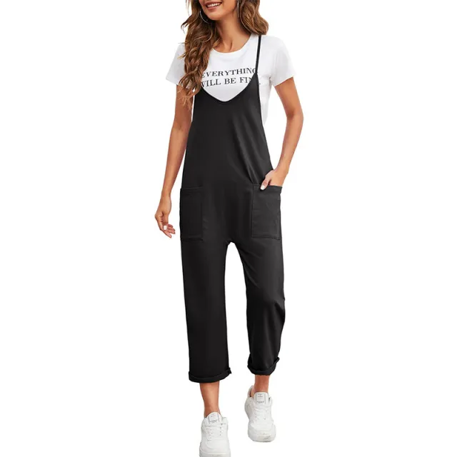 Spring New Women's Casual Solid Color Loose Sling Straight Jumpsuit Black - Shop at LoveMi