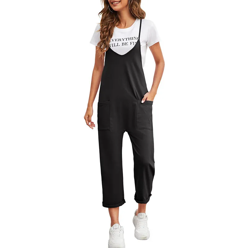Spring New Women's Casual Solid Color Loose Sling Straight Jumpsuit - Black