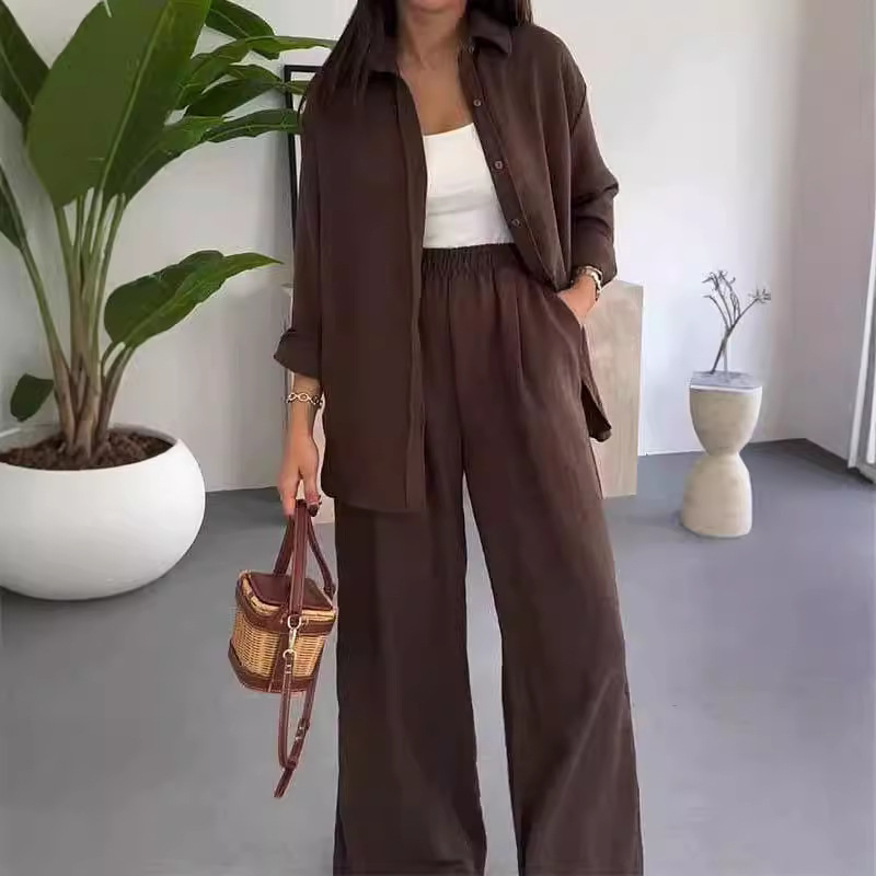 Fashion Solid Color Loose Top Casual Wide Leg Pants Two-piece Set