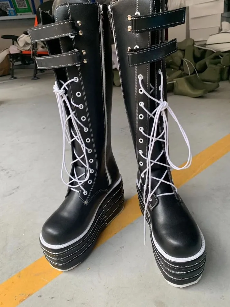 European And American Round Head Thick Bottom Long Boots Female - Black
