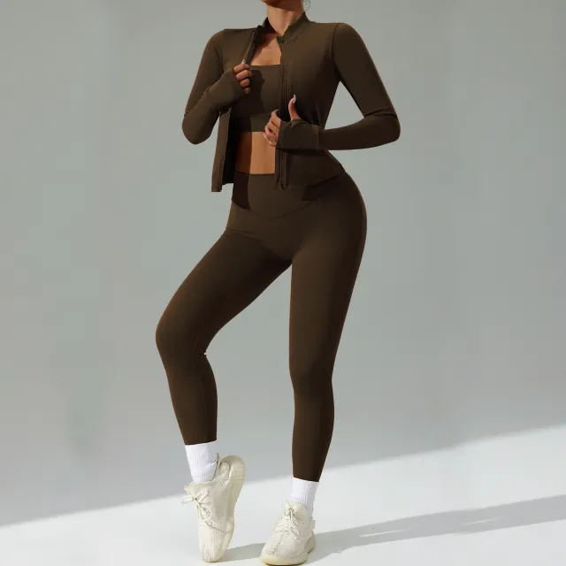 Cardigan Running Sports Quick drying Workout Clothes Three piece Suit Chocolate - Shop at LoveMi
