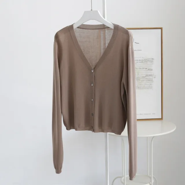 Spring And Summer V neck Short Tencel Knitted Cardigan Pure Color All matching Brown - Shop at LoveMi