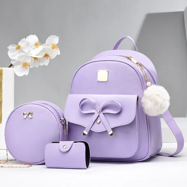Fashion Women's Bags PU Bow Composite Bag Young Girl Student Cute Shoulders Backpack Crossbody Bags Coin Purse Set Purple - Shop at LoveMi
