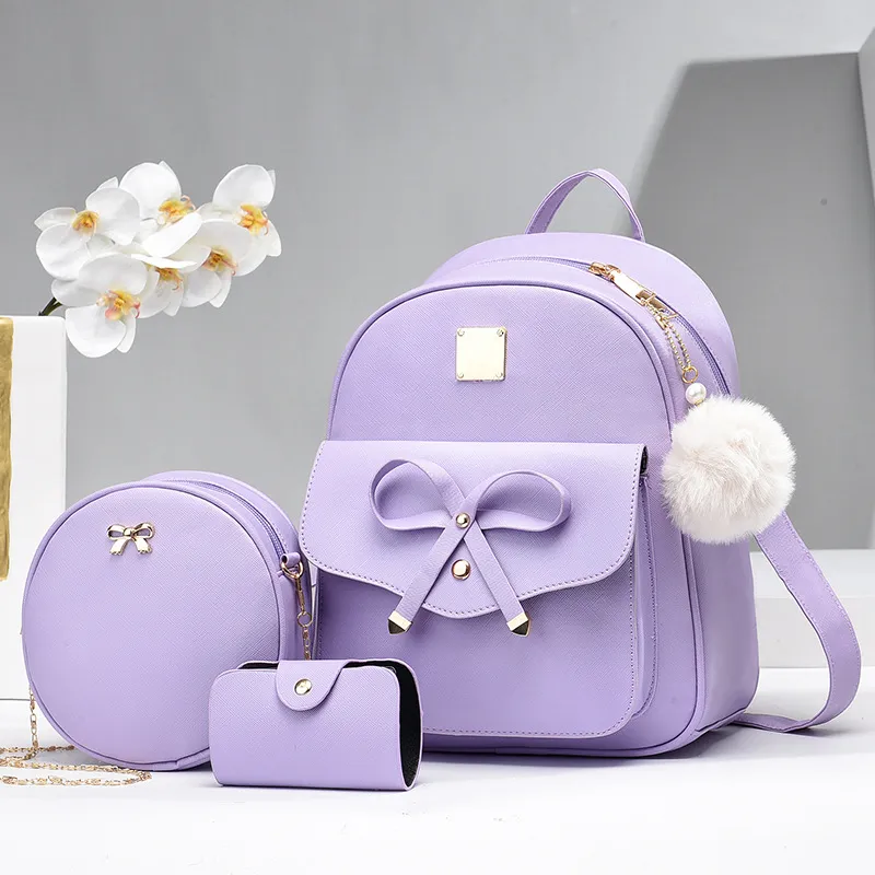 Fashion Women's Bags PU Bow Composite Bag Young Girl Student Cute Shoulders Backpack Crossbody Bags Coin Purse Set - Purple